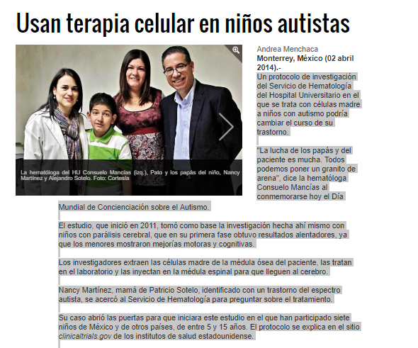 Captura nota Terapia Celular en Niños Autistas